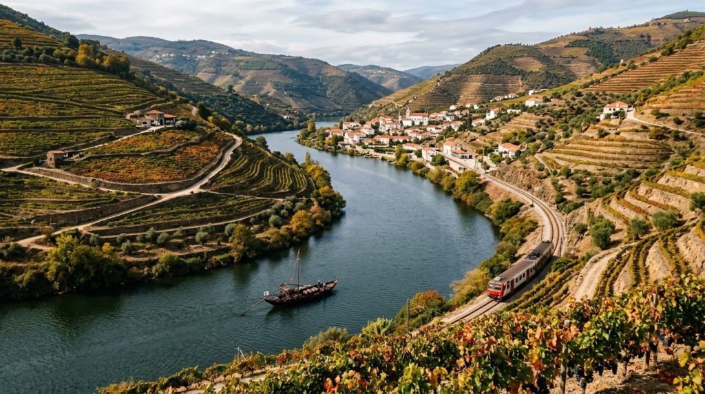 Terraced Douro Valley vineyards and river near Pinhao, a popular day trip from Porto