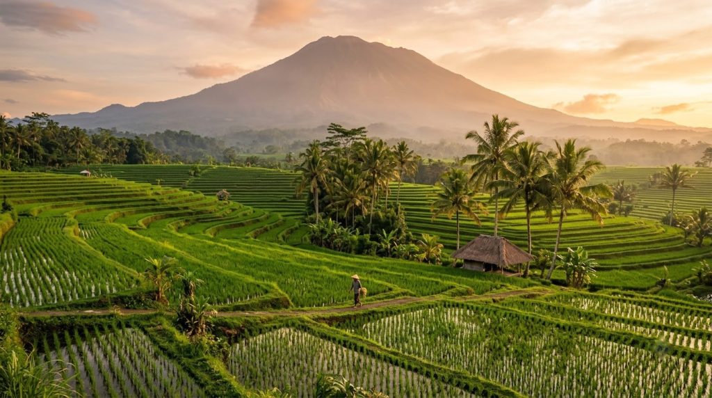Sidemen valley rice terraces in east Bali with Mount Agung at golden hour