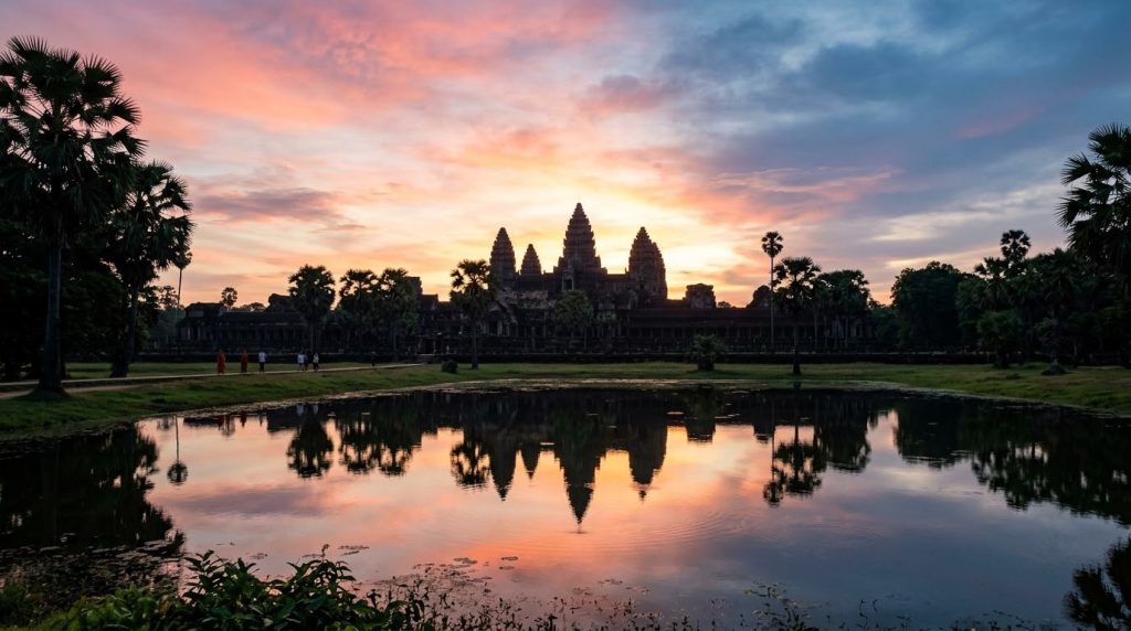 Angkor Wat temple towers reflected in the pond at sunrise in Siem Reap, Cambodia