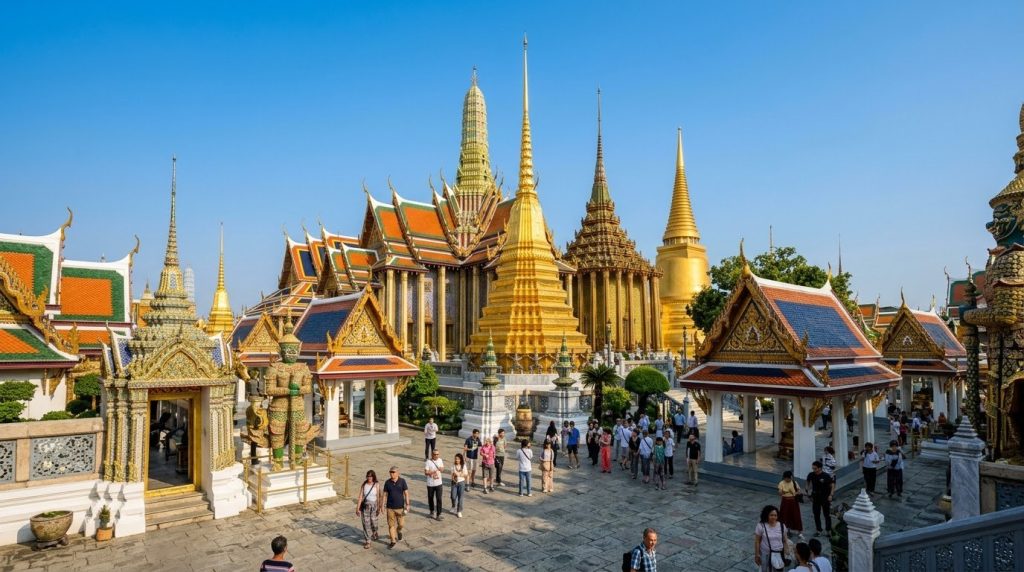Golden spires of the Grand Palace and Wat Phra Kaew in Bangkok, Thailand