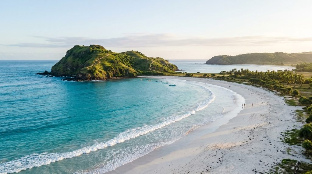 Tanjung Aan beach near Kuta Lombok with turquoise bay and green headland