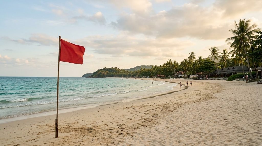 Chaweng Beach on Koh Samui with a red warning flag and distant swimmers at the shoreline