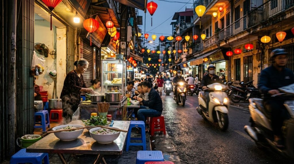 Street food stalls with bowls of pho in Hanoi Old Quarter, Vietnam, at dusk