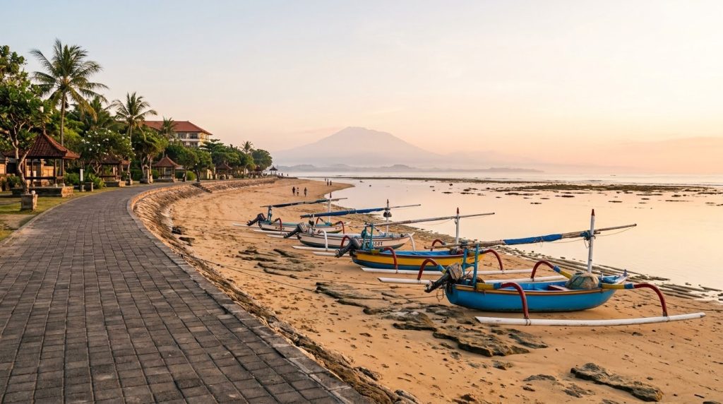 Jukung outrigger boats on calm Sanur Beach in Bali at sunrise with Mount Agung