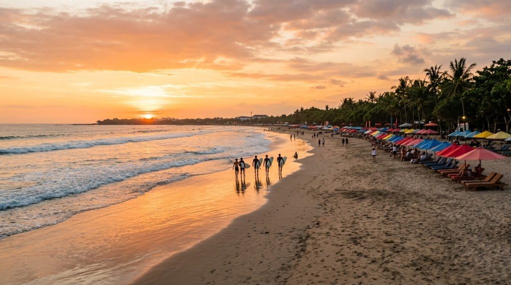 Sunset over Kuta Beach in Bali with surfers and sunbeds stretching toward Seminyak