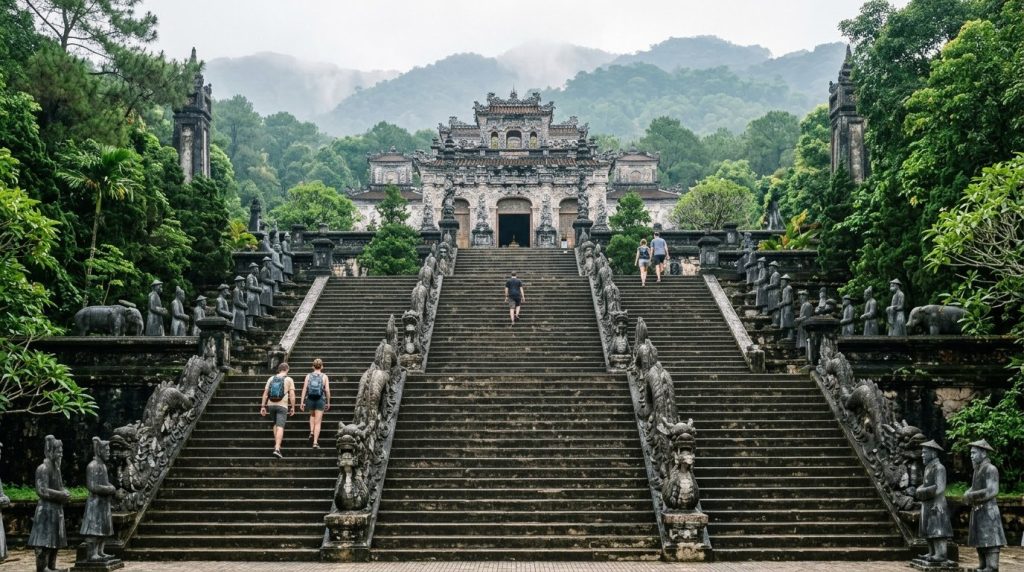 Stone staircase and mandarin statues at the Tomb of Khai Dinh near Hue, Vietnam