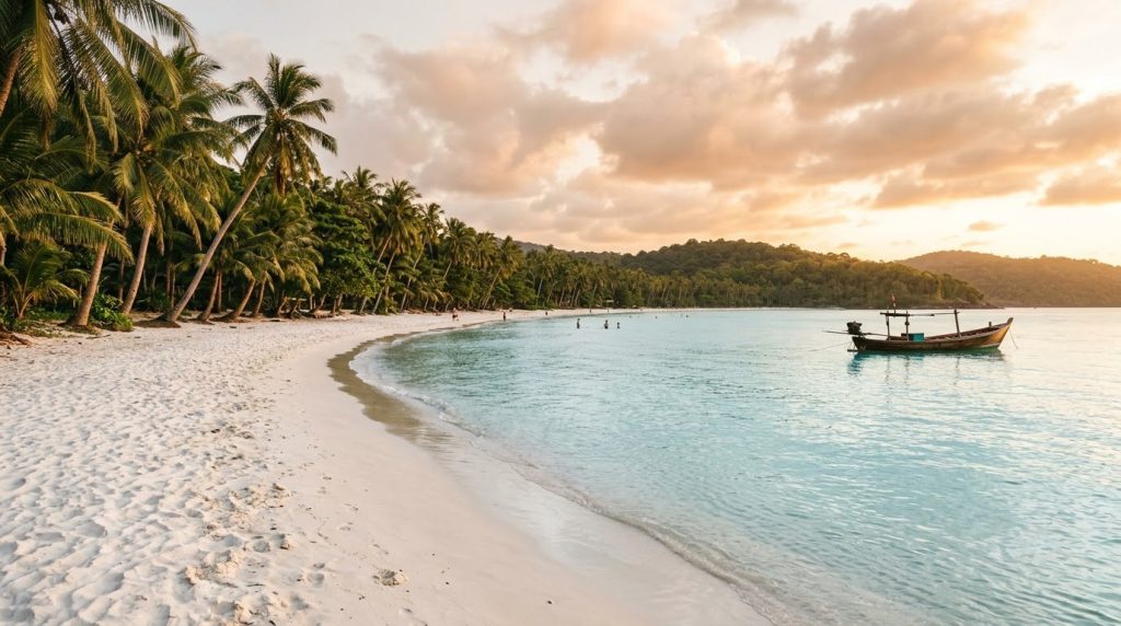 White sand and turquoise water at Sao Beach, Phu Quoc, with palms and a fishing boat