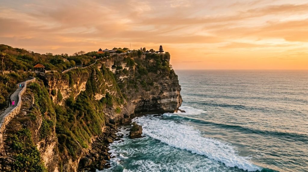 Uluwatu Temple on limestone cliffs above the Indian Ocean at sunset in Bali