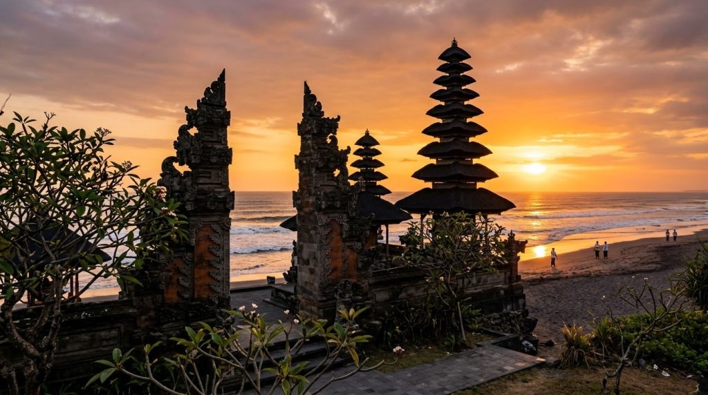 Pura Petitenget temple gate at sunset near the beach in Seminyak, Bali