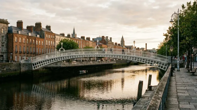 A pedestrian iron bridge over a river with Georgian buildings along both quays, Dublin, Ireland