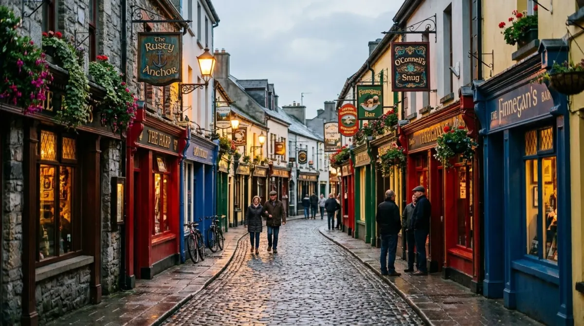 A narrow cobbled lane of painted pub fronts with hanging signs, Temple Bar, Dublin