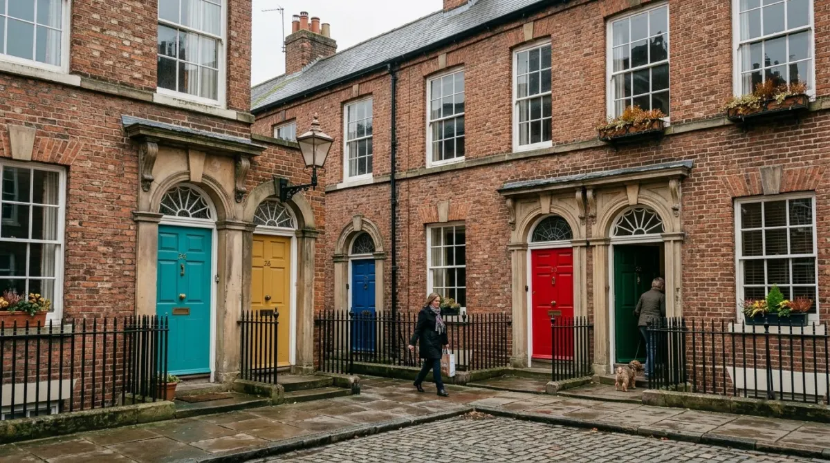 A terrace of red brick Georgian houses with painted doors and fanlights, Merrion Square, Dublin