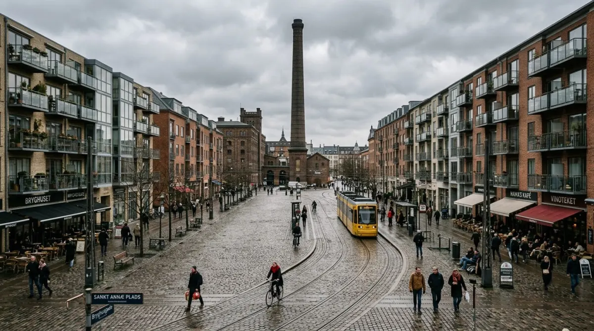 A long cobbled public square with a distillery chimney and apartment blocks, Smithfield, Dublin