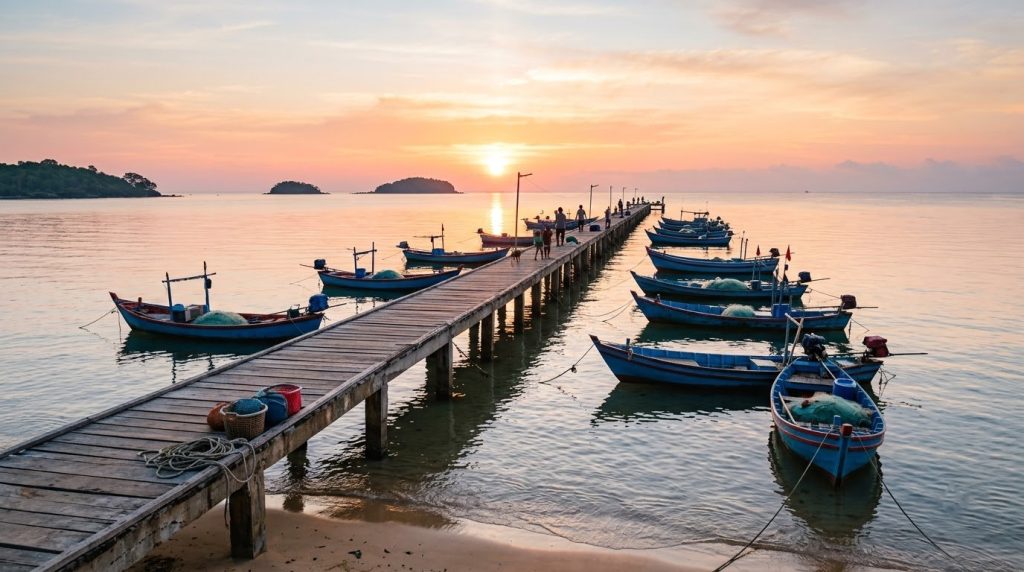 Sunrise over Ham Ninh fishing pier and moored boats on Phu Quoc island, Vietnam