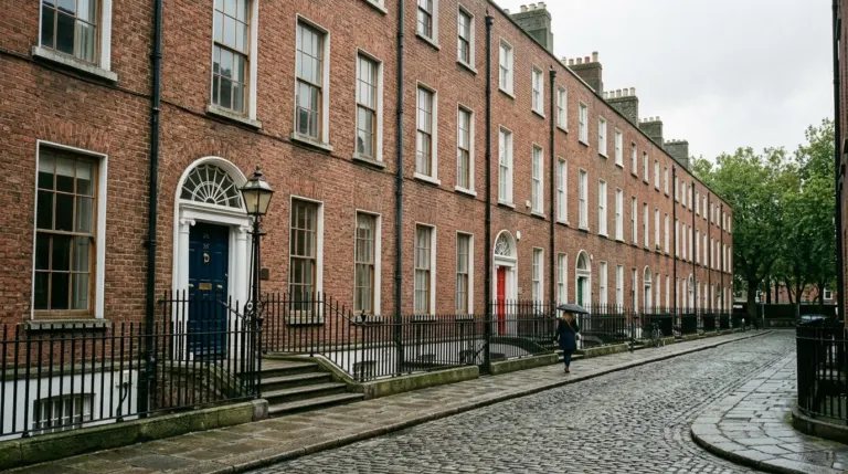 A row of red brick Georgian townhouses converted into a hotel with painted door and iron railings, Dublin