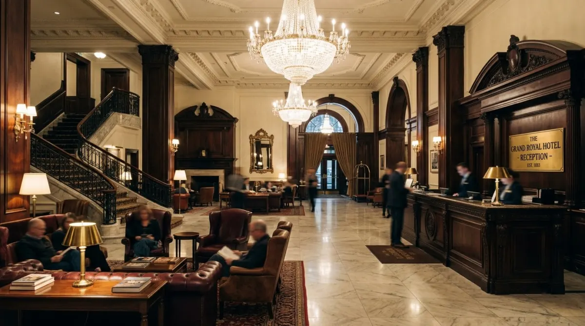 A grand nineteenth century hotel lobby with marble floor, chandeliers and a reception desk, Dublin