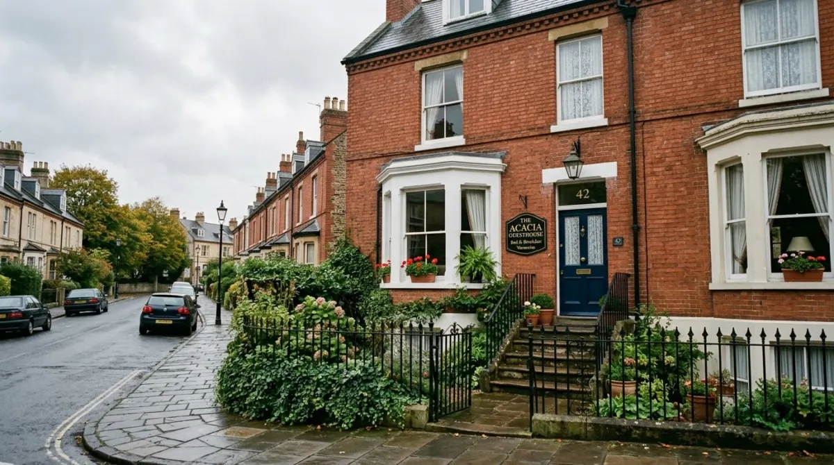 A Victorian red brick terraced guesthouse with bay windows and a small front garden, Dublin suburb