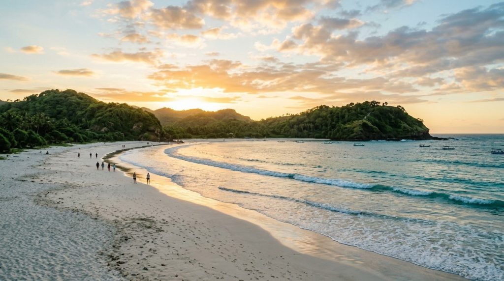 Tanjung Aan beach curving bay with turquoise water on Lombok's south coast