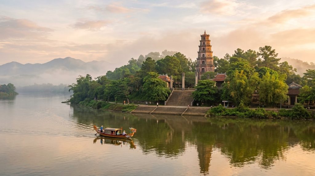Thien Mu Pagoda tower above the Perfume River in Hue at sunrise with dragon boat