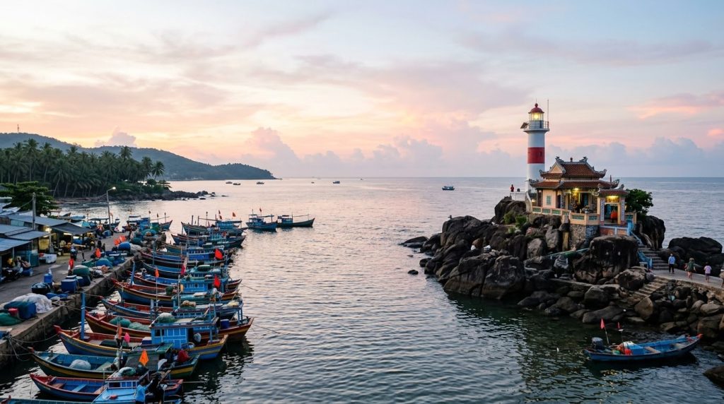 Dinh Cau rock shrine and fishing boats at the Duong Dong river mouth, Phu Quoc