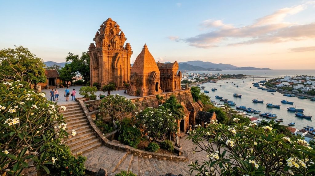 Po Nagar Cham towers above the Cai River in Nha Trang at golden hour