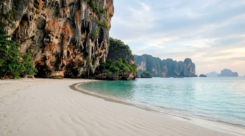 Phra Nang Cave Beach near Railay in Krabi with limestone cliffs and turquoise water