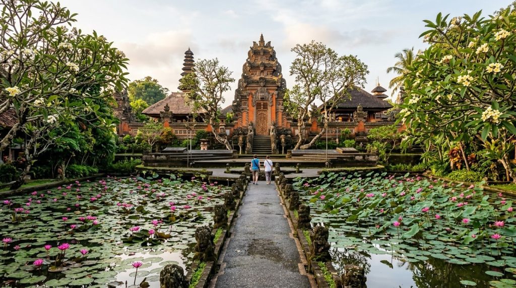 Lotus pond and carved temple gate at Saraswati Temple in central Ubud, Bali