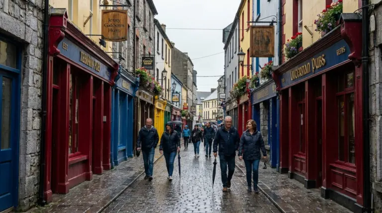 A pedestrianised street of colourful shopfronts and pubs with people walking, Latin Quarter, Galway, Ireland