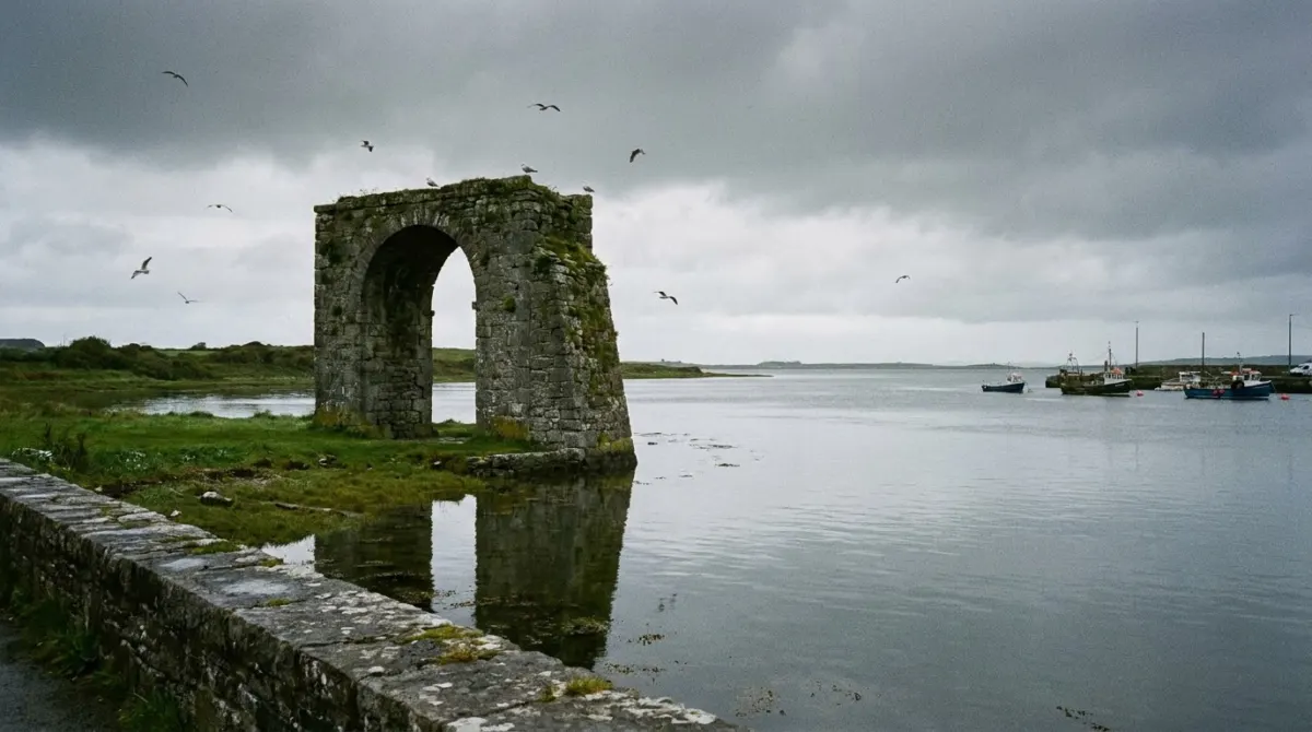 A stone arch beside a river mouth with grey sky and gulls, Spanish Arch, Galway