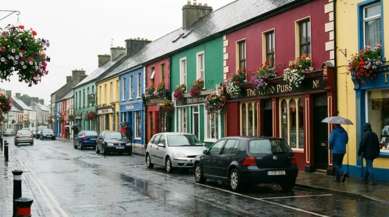 A small Irish town street of brightly painted shopfronts and pubs under a grey sky