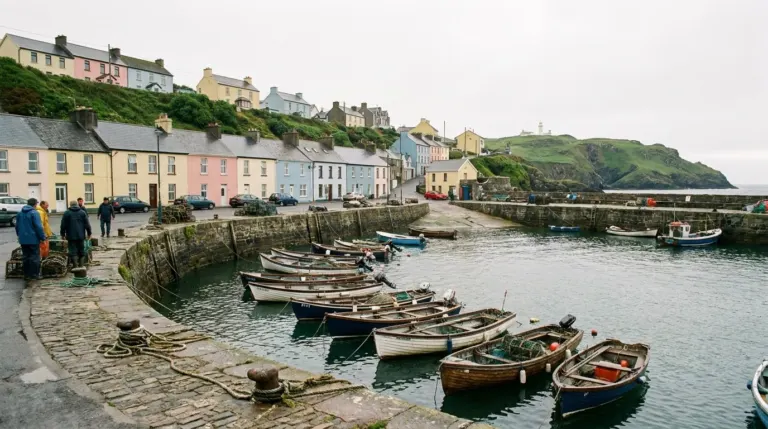 A harbour town of painted houses around a small bay with moored boats, south coast of Ireland