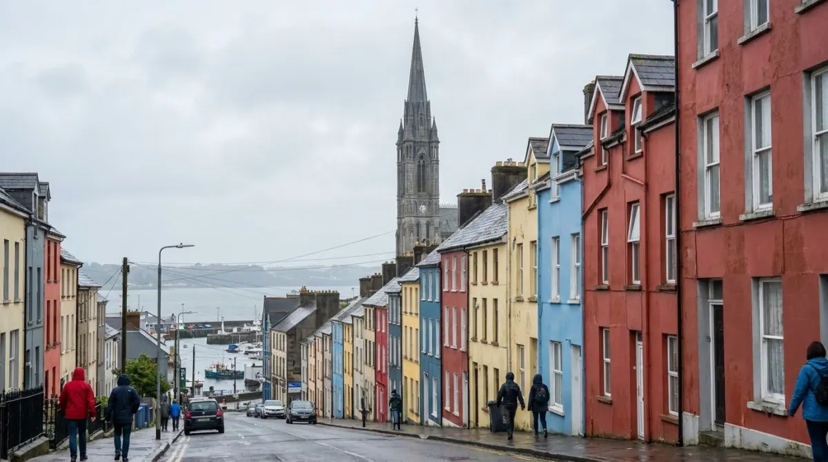 A steep terrace of coloured houses below a tall cathedral spire above a harbour, Cobh, Ireland