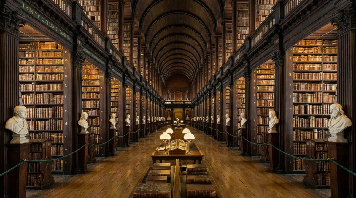 A long barrel-vaulted library hall lined with dark wooden shelves and marble busts, Trinity College, Dublin