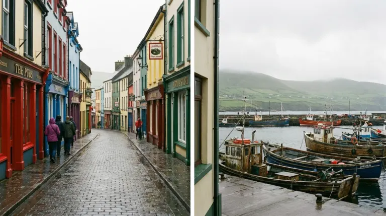 Brightly painted shopfronts and pubs on a street above a small fishing harbour, Dingle, County Kerry, Ireland