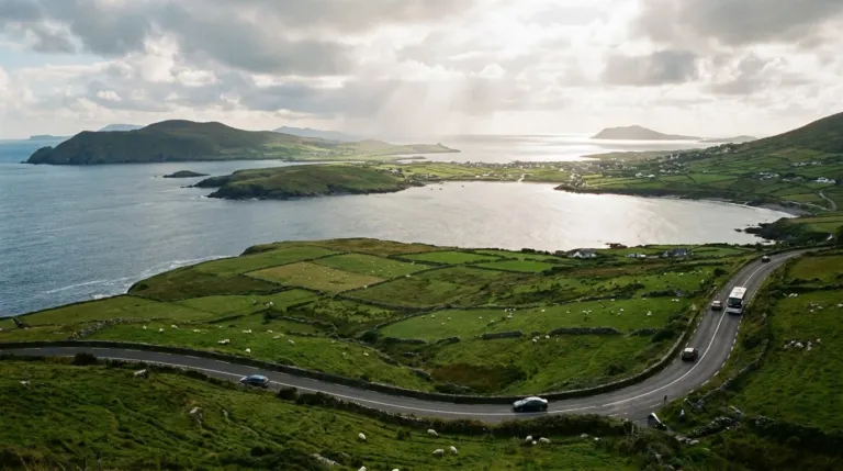 A winding coastal road above a wide Atlantic bay with green headlands, Ring of Kerry, Ireland