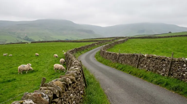 A narrow road running between green fields and stone walls towards distant hills, rural Ireland