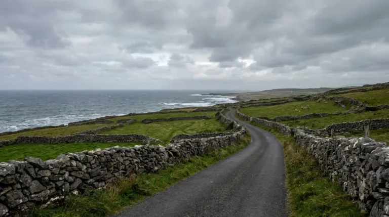 A road running along a green Atlantic coastline with stone walls and small fields, western Ireland