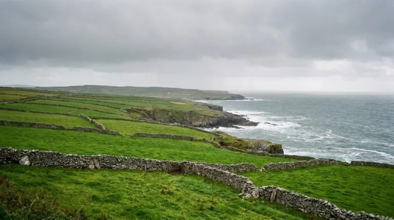 Green fields divided by dry stone walls running down to the Atlantic, County Clare, Ireland
