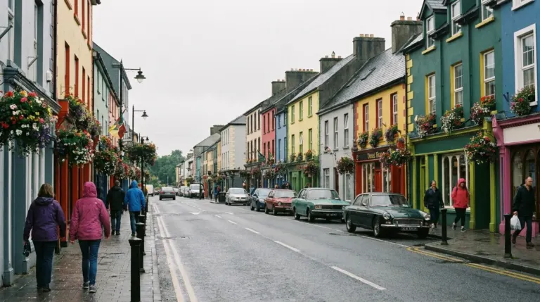 A busy street of brightly painted shopfronts, pubs and hotels, Killarney, County Kerry, Ireland