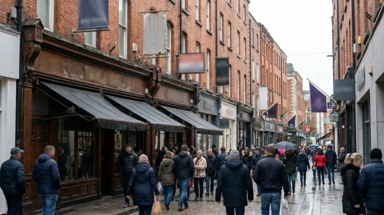 A pedestrian street of shops and street performers in central Dublin, Ireland