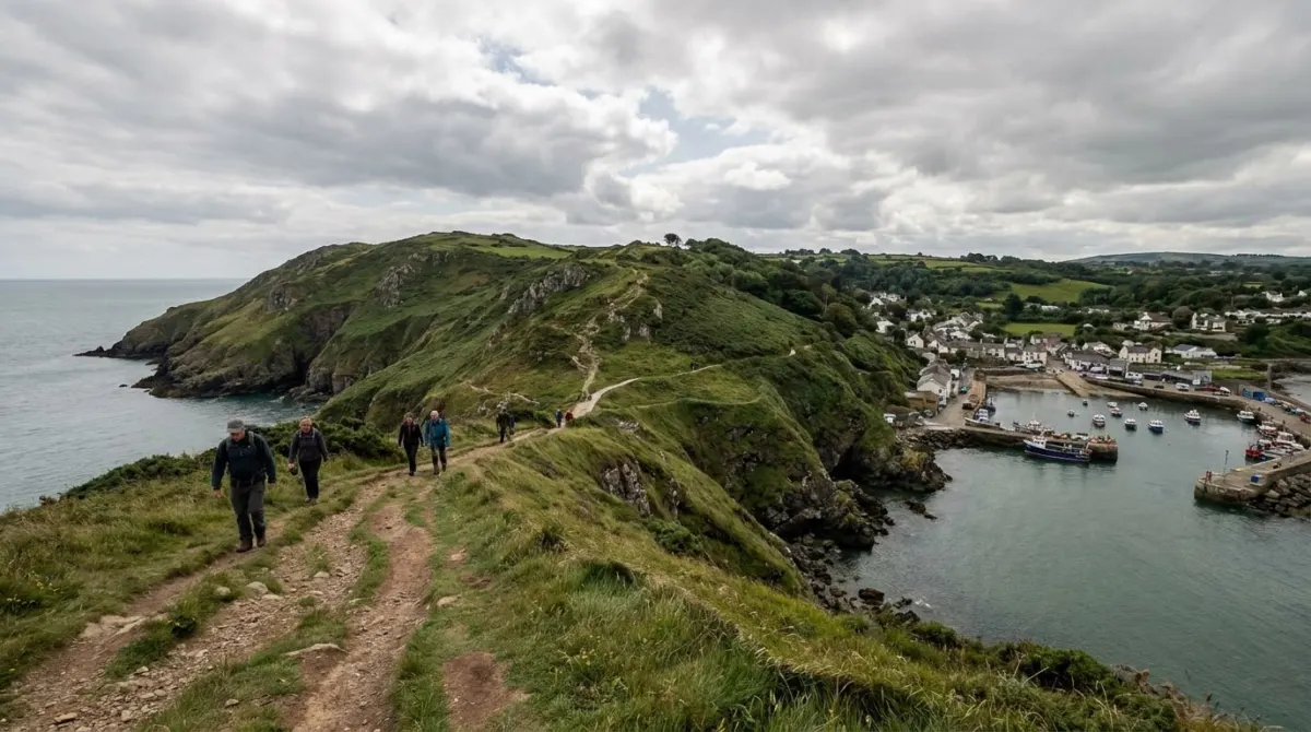 A grass cliff path above the sea on a green headland with a harbour below, Howth, Dublin