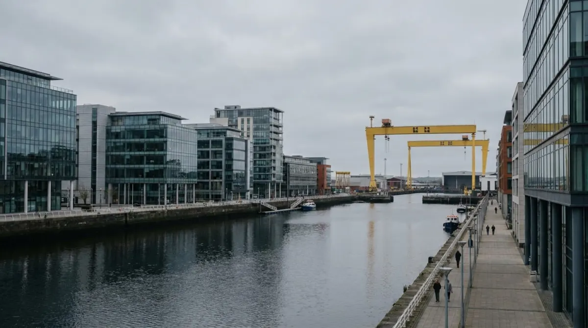Modern waterfront buildings and old shipyard cranes beside a river, Titanic Quarter, Belfast