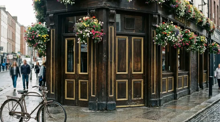 A traditional Dublin pub front in dark painted wood with gold lettering and hanging flower baskets, Ireland