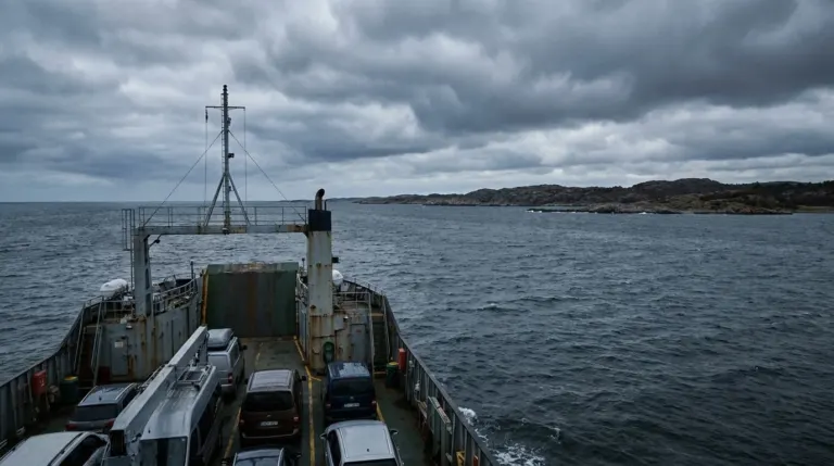 A ferry crossing grey open sea with a rocky coastline in the distance under heavy cloud