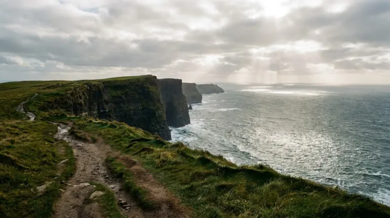 Sea cliffs and a green clifftop path above the Atlantic under broken cloud, west of Ireland