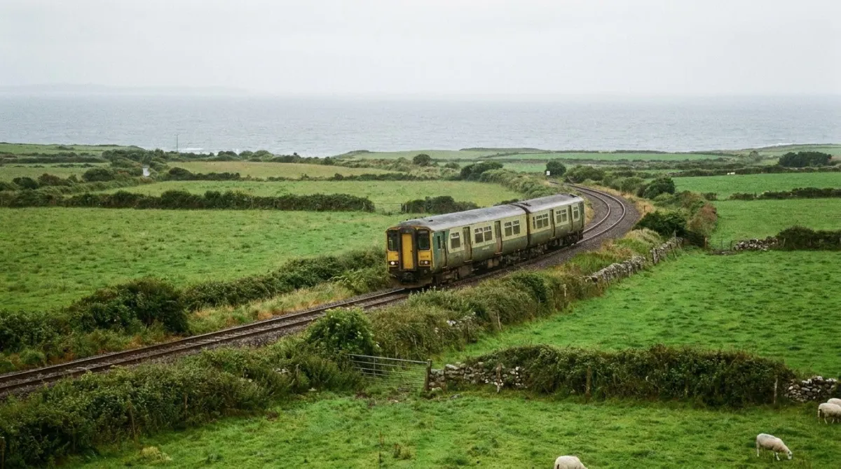 A regional train running past green fields towards the coast in Ireland