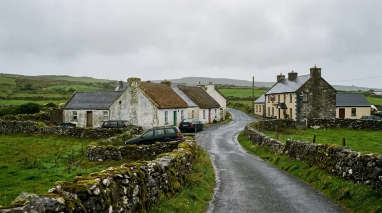 A small village of painted stone cottages and a traditional pub on a narrow road with green fields behind, Doolin, County Clare