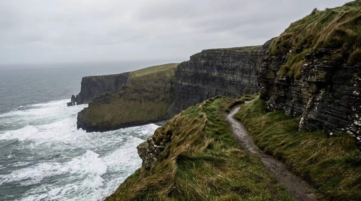 Dark sea cliffs stretching along an Atlantic coastline with a grass clifftop path, County Clare, Ireland