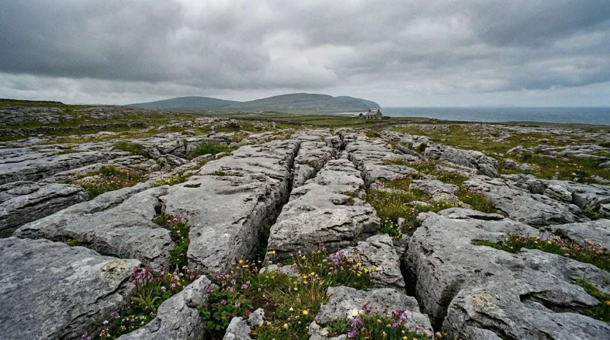 Bare grey limestone pavement with cracks and wildflowers stretching to low hills, the Burren, County Clare, Ireland
