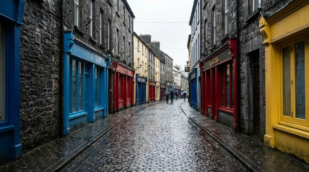 A narrow street of painted shopfronts and pubs running between old stone buildings, Kilkenny, Ireland